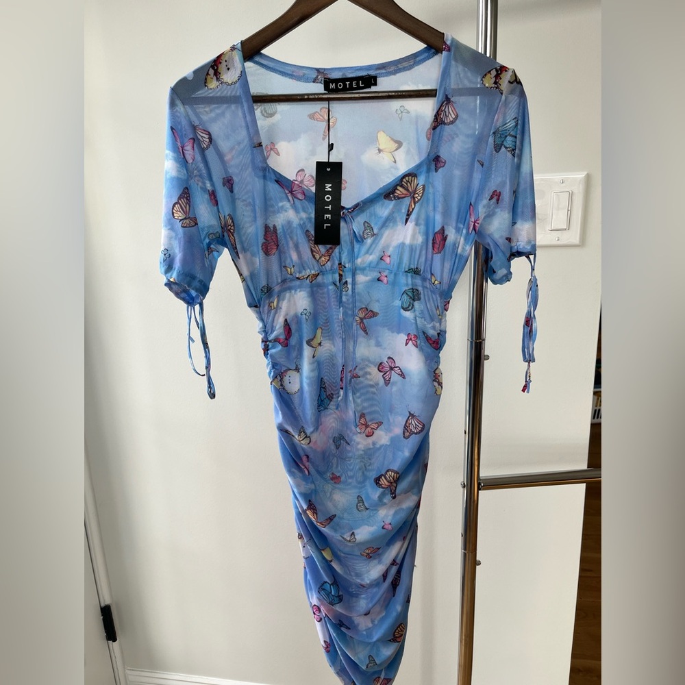 NWT Motel Guenetta Dress In Blue Mesh Butterfly